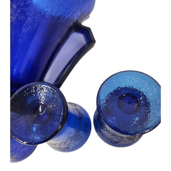 Vintage Cobalt Blue Glass Pitcher Set Florentine 2 Upper Deck 5 Piece Taiwan Emb - Picture 7 of 16